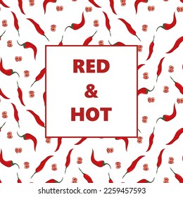 Card for menu on seamless pattern with red chili pepper on a white background. Square composition. Vector background. 