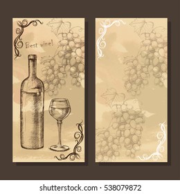 Card, menu with sketch of grapes, bottle, wine glass on old paper background for design