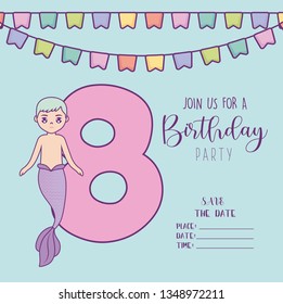 card with mermaid male and number eight