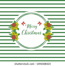 Card merry christmas background, with plant of green leaves and colorful floral frame. Vector