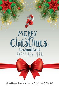 card merry christmas with bow ribbon and decoration vector illustration design