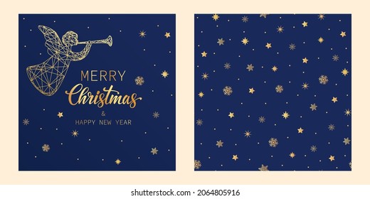 Card Merry Christmas and Happy New Year. Angel on a blue background with golden stars. Festive illustration for your design. Vector illustration.