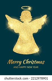 Card Merry Christmas and Happy New Year. Angel on a dark background. Festive illustration for your design. Vector illustration.