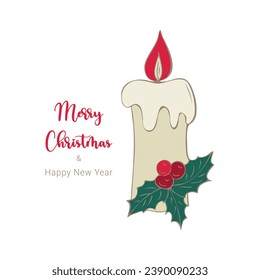 Card Merry christmas and Happy new year with candle with holly leaf and berry.