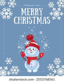 Card Merry Christmas and Happy New Year Cartoon happy snowman. Vector illustration