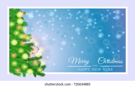 card Merry Christmas and Happy New Year with Christmas tree and glowing garland