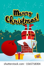 Card Merry Christmas. Santa Claus on the roof with a bag of gifts, climbs up the chimney to leave presents. against the night town.