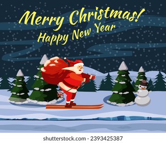 Card Merry Christmas Santa Claus skiing with sack full gifts, winter