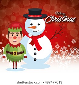 card merry christmas snowman with elf and snowflakes