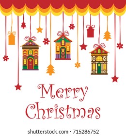 Card with Merry Christmas Text and Gingerbread Houses. Vector Illustration. Flat Cartoon Style. Christmas Holidays Decorative Design for Cards, Banners, Stickers.