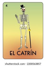 Tarjeta de la lotería mexicana conmemorativa del día de los muertos, con un Catrín. Celebración mexicana que celebra y conmemora a personas fallecidas o seres queridos