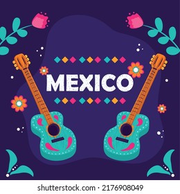 card of mexico with colored guitars