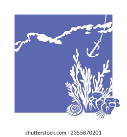 Card with the minimalistic sea scene. Corals and sea plants on a blue background.