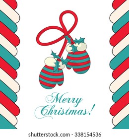 Card with mittens on a string and inscription: Merry Christmas!