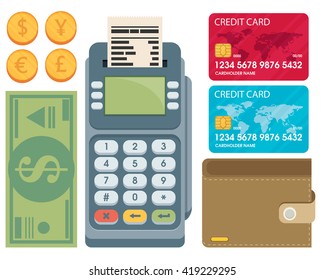 Card, Money, Coins. Payment Methods Concept. Flat Style