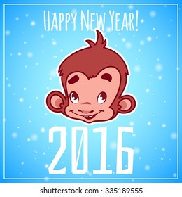Card with monkey face. Symbol of 2016 - a monkey. Vector New Year card.