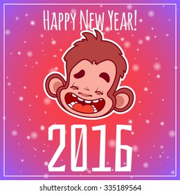 Card with monkey face. Symbol of 2016 - a monkey. Vector New Year card.