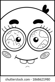 the card is monochrome in a minimalistic style drawn with lines depicting a funny little man with big eyes that reflect the mountains