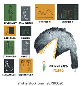 Card with monster and child made in watercolor technique, children's fears hand drawn icons collection including darkness, ghost, disharmony, loneliness. Infographic card