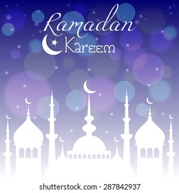 Card with mosque in night for congratulations with beginning of fasting month of Ramadan, as well with Islamic holiday Eid al-Fitr and Eid al-Adha. Vector illustration