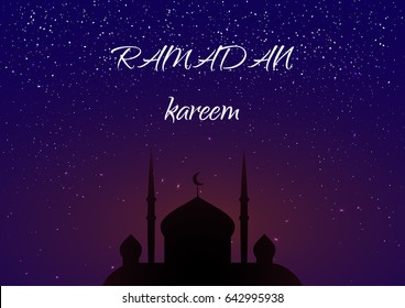 Card with mosque in night for congratulations with beginning of fasting month of Ramadan. Ramadan Kareem Vector illustration
