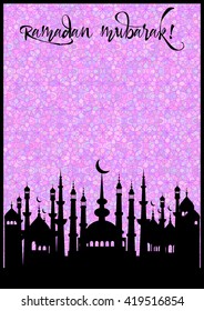 Card with mosques city for greetings with beginning of fasting month of Ramadan, as well with Islamic holiday Eid al-Fitr and Eid al-Adha. Stained glass oriental background. Vector illustration