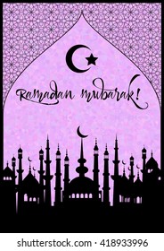 Card with mosques city for wishes with beginning of fasting month of Ramadan, as well with Islamic holiday Eid al-Fitr and Eid al-Adha. Stained glass oriental background. Vector illustration