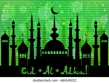 Card with mosques city for wishes with beginning of fasting month of Ramadan, as well with Islamic holiday Eid al-Fitr and Eid al-Adha on green twilight background. Vector illustration