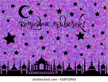 Card with mosques at night for wishes with beginning of fasting month of Ramadan, as well with Islamic holiday Eid al-Fitr and Eid al-Adha. Stained glass kaleidoscope background. Vector illustration