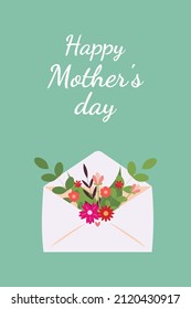 Card to mother day with decorative elements. Flat color illustration with envelope, flowers and leaves. Holiday banner, poster, greeting card, web, wallpaper, background.