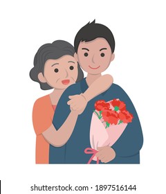 Tarjeta para personajes de historietas del día de la madre ilustración vectorial, madre e hijo celebrando festividades con claveles