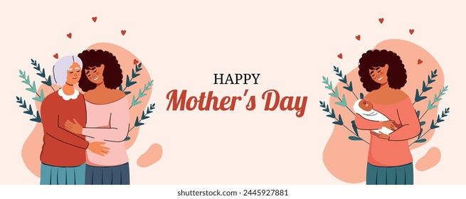 Card for Mother's Day. An elderly African-American woman hugs her daughter and cuddles her child. Generation and family. Mom with children. Vector. Hug and support. Caring for family and love