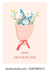 A card for Mother's Day. A hand-drawn bouquet of flowers in delicate pink packaging, a festive background for Mother's Day, with a place for the text, a template for postcards, invitations, banners.