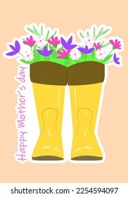 Card for Mother's Day. Pair yellow boots with flowers. Happy Mother's Day. Vector illustration.