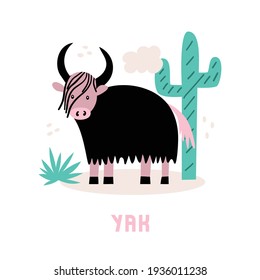Card with a mountain bull. Childish flat vector illustration with a wild yak on white background