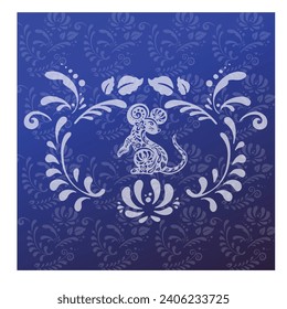 Card with mouse with blue flowers in boho style, vector illustration