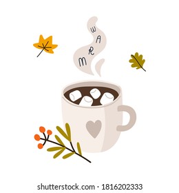 Card with mug of warm cacao and marshmallow. Hand drawn autumn poster. Simple cartoon flat style. Isolated vector illustration for holiday greetings, invitations, card, sticker, tag.