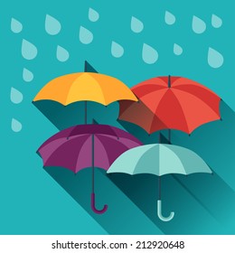 Card with multicolor umbrellas in flat design style.