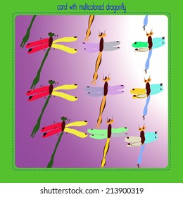 Card with multicolored dragonflies and  blue text in a pink gradient rounded rectangle.Handmade.