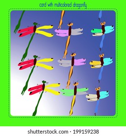 Card with multicolored dragonflies and text in a radiance rounded rectangle.Handmade.