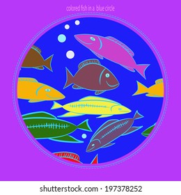 Card with multicolored fish in a blue circle with pink text.