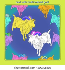 Card with multicolored goats on a gradient background in a rounded rectangle and text.