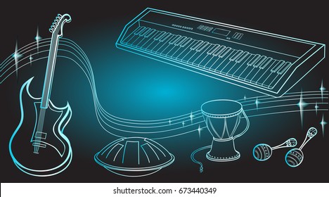 Card musical instruments synthesizer, electric guitar, maracas,  drum, hang for psychedelic music in black and blue colors, with stars on the musical staff vector drawing.