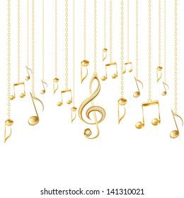 Card with musical notes and golden treble clef on a white background. Vector illustration