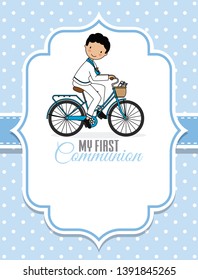 Card my first communion. Boy on a bicycle. Space for text
