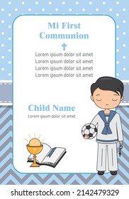 Card my first communion. Boy with soccer ball, bible and chalice