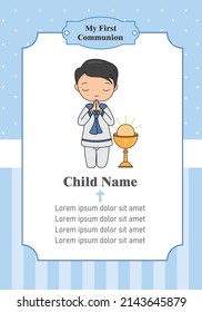 Card my first communion. Boy praying next to a chalice. Isolated vector