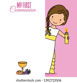 Card my first communion. girl with a candle. Space to write