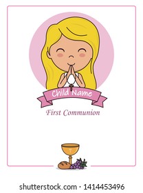 Card my first communion girl. Praying girl.