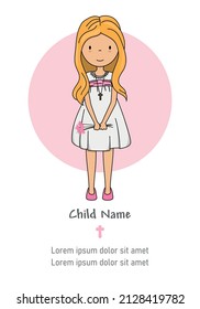 Card my first communion. Girl with flowers